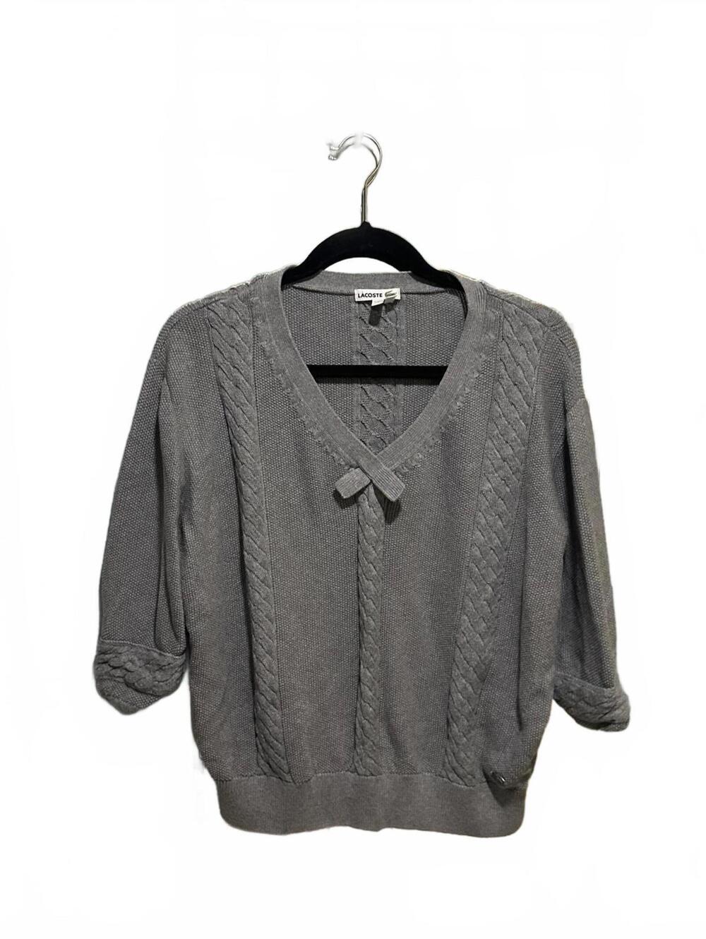 Lacoste Women's Gray Cable Knit Sweater with Bow Detail - sz.44 (xl)